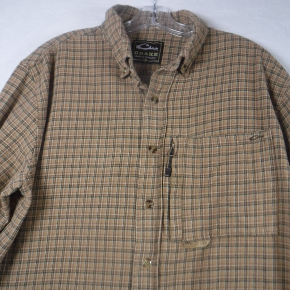 Drake Waterfowl Mens Large Plaid Flannel Shirt Tan Brown Cotton Button Down L